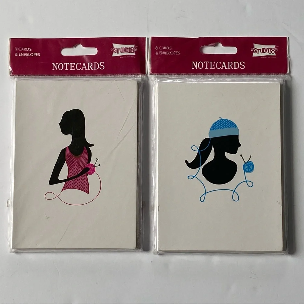 Note Cards 2 Sets Knitting Sewing Pink Blue Lady Fashion New 16 Cards Envelopes